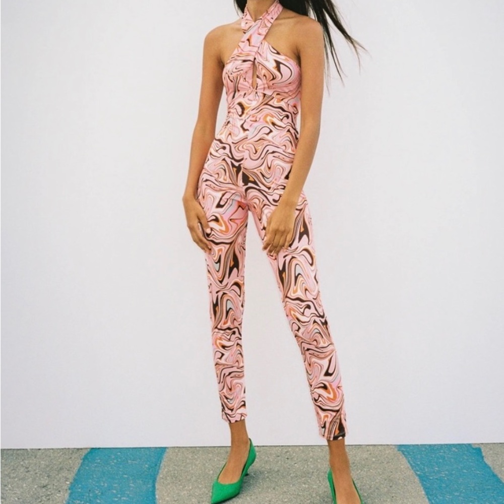 Zara retro 60s mod print halter style tight fit jumpsuit, small